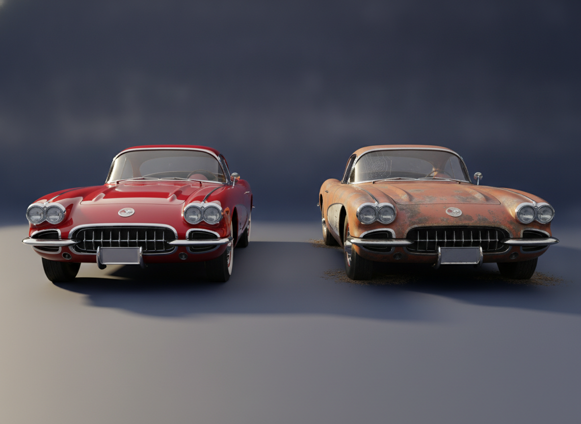 Dois carros do mesmo ano, um conservado e outro deteriorado